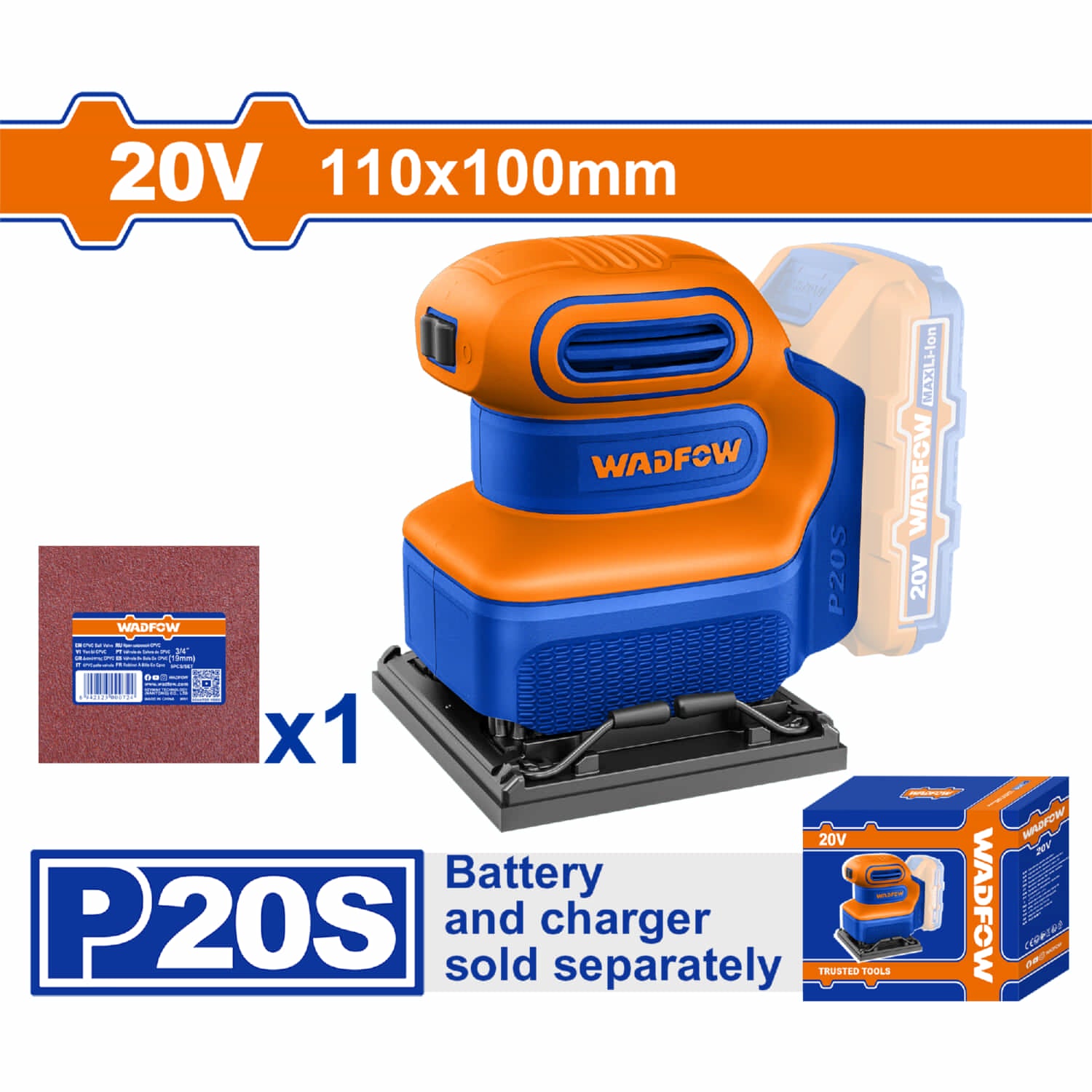 Lijadora de Mano Inalámbrica 20V 12000rpm Incluye 1 hoja de lija. Batería y cargador por separado.