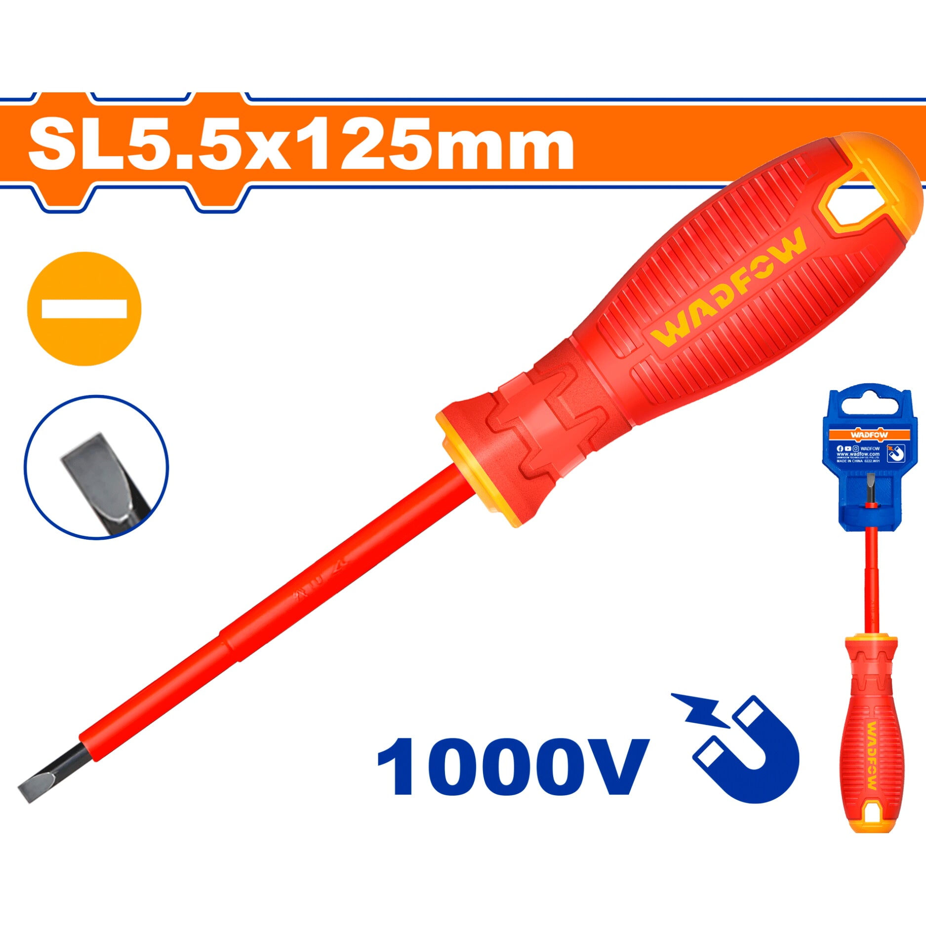 Destornillador aislado plano SL5.5x125mm. Punta Magnética. 1000V. Mango cómodo.