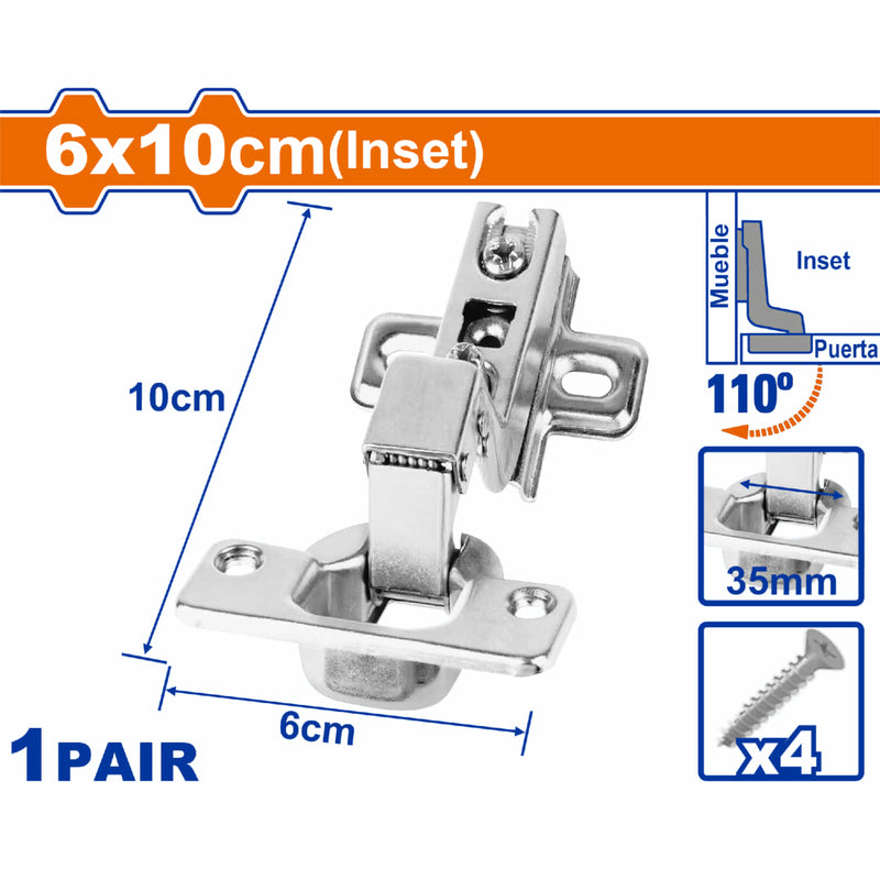 Bisagras ocultas 110º empotradas 6x10cm. Auto cierre. Incluye 4 tornillos. Viene en par.