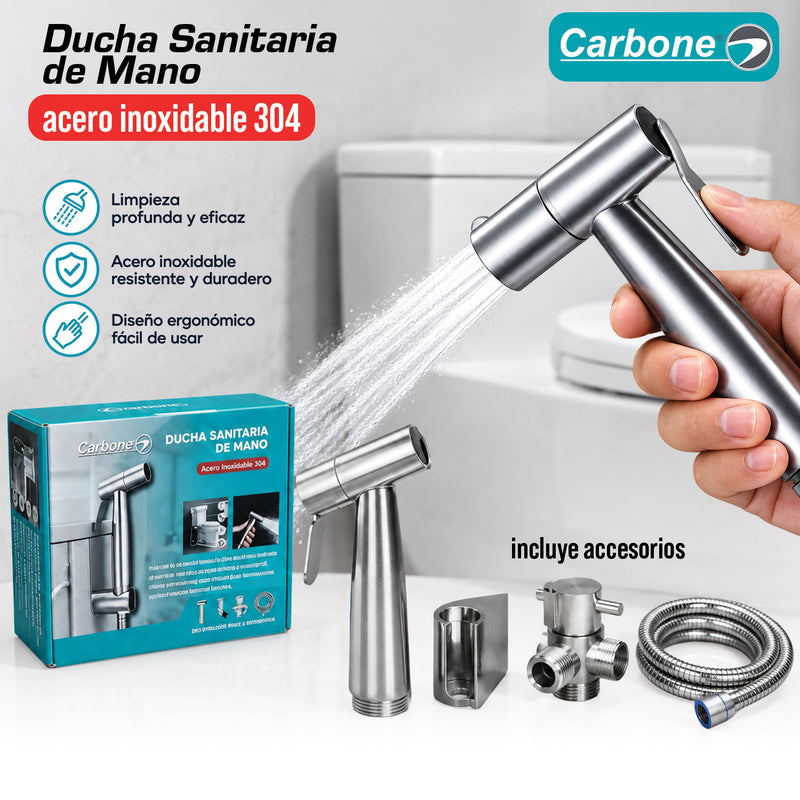 Ducha Sanitaria Tipo Teléfono de Acero Inoxidable 304 con Manguera 1.4m. Bidet de Mano para Inodoro con Válvula en T 3/8". Rociador Higiénico.