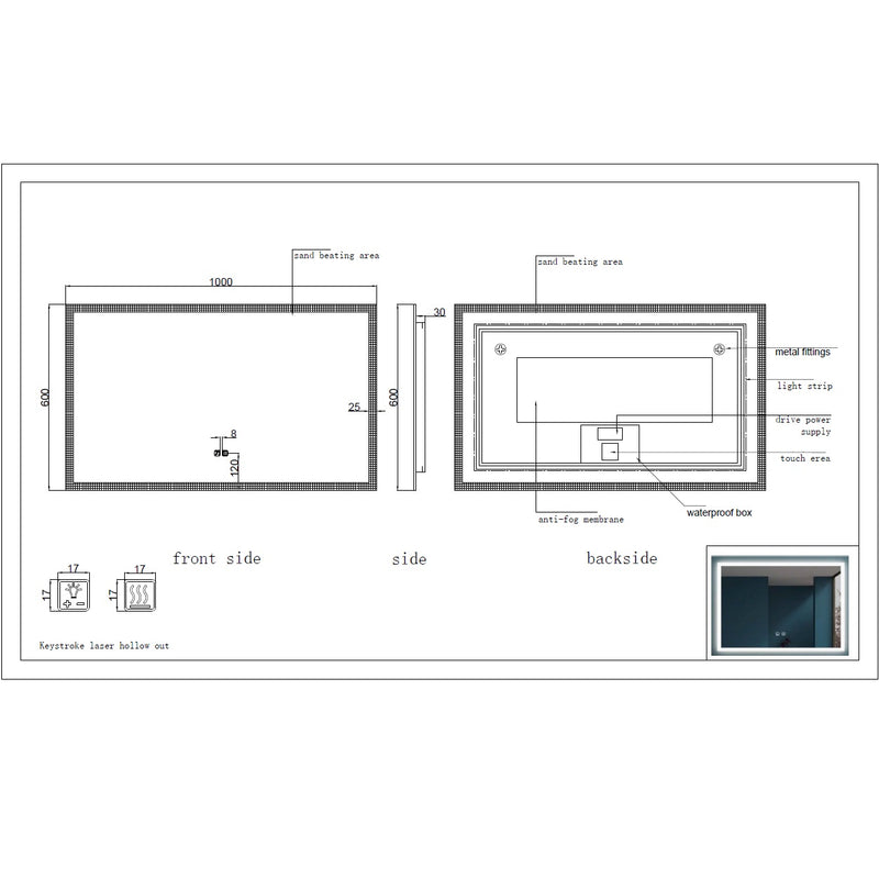 Espejo rectangular baño de con luz led y sistema antiempañante (Alto 60 cm x Largo 100 cm)