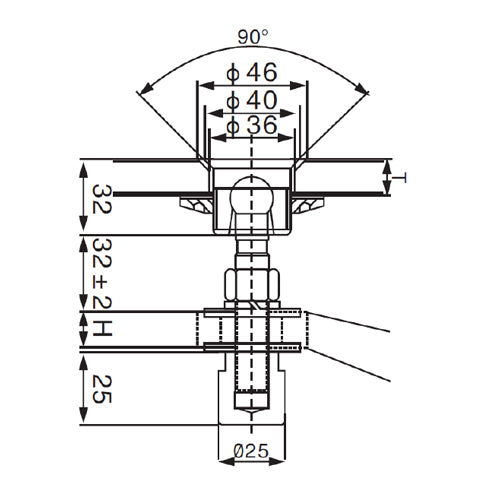 Perno de araña avellanado 46 mm. Perforacion en vidrio de 37 mm.