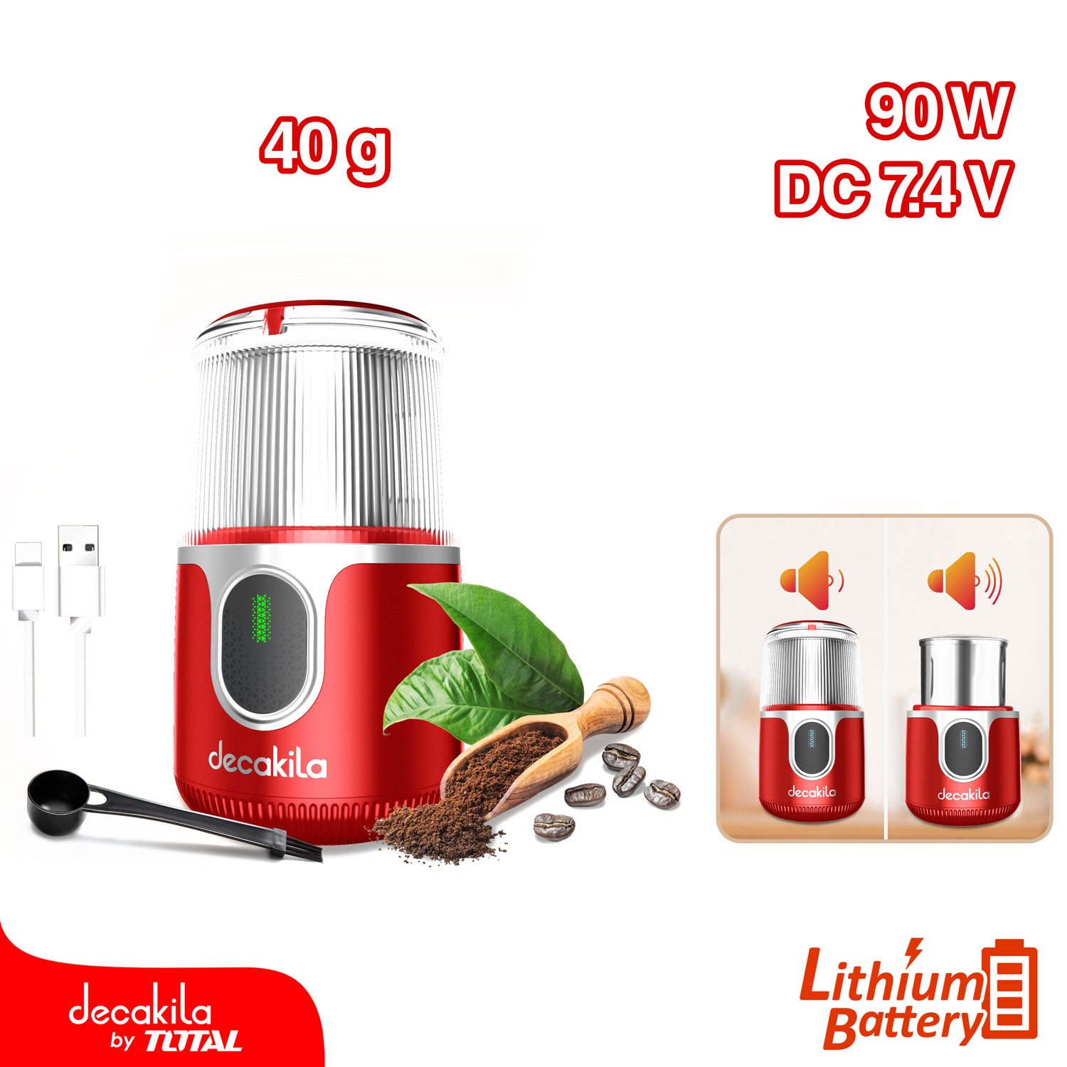 Moledor de granos de Café Inalámbrico. 90W 40 Gramos 7.4V. Cable USB. Batería de Litio.