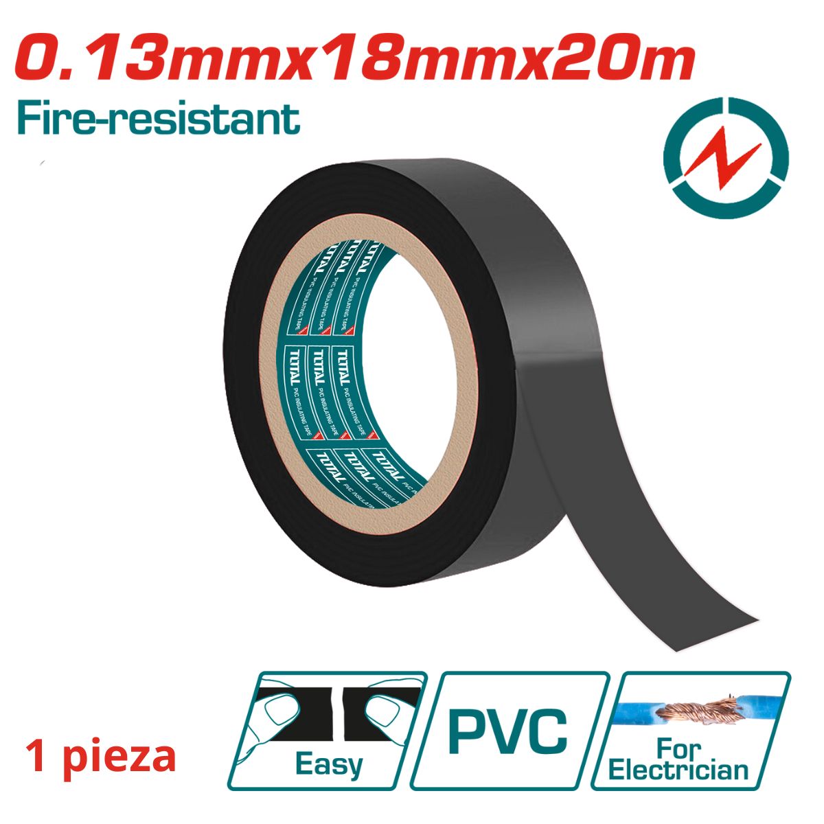 Gutapercha tape eléctrico de PVC Puro,19 mmx20M, Color Negro, Ancho 19 mm, Espesor 0.13 mm (1 Pza)