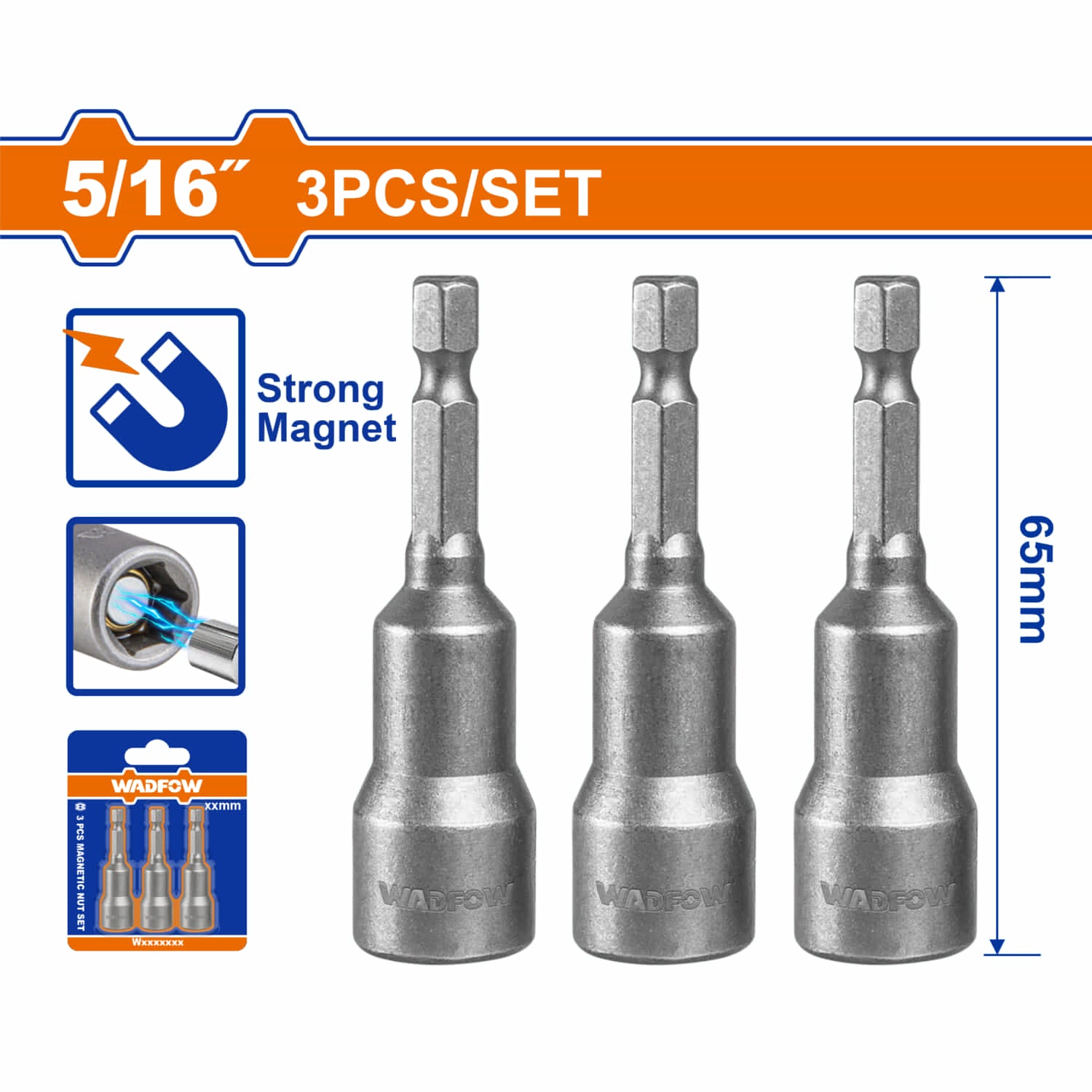 Copas Hexagonales Magnéticas 5/16" Hex Largo: 65mm Set de 3 Piezas. Material:50BV30