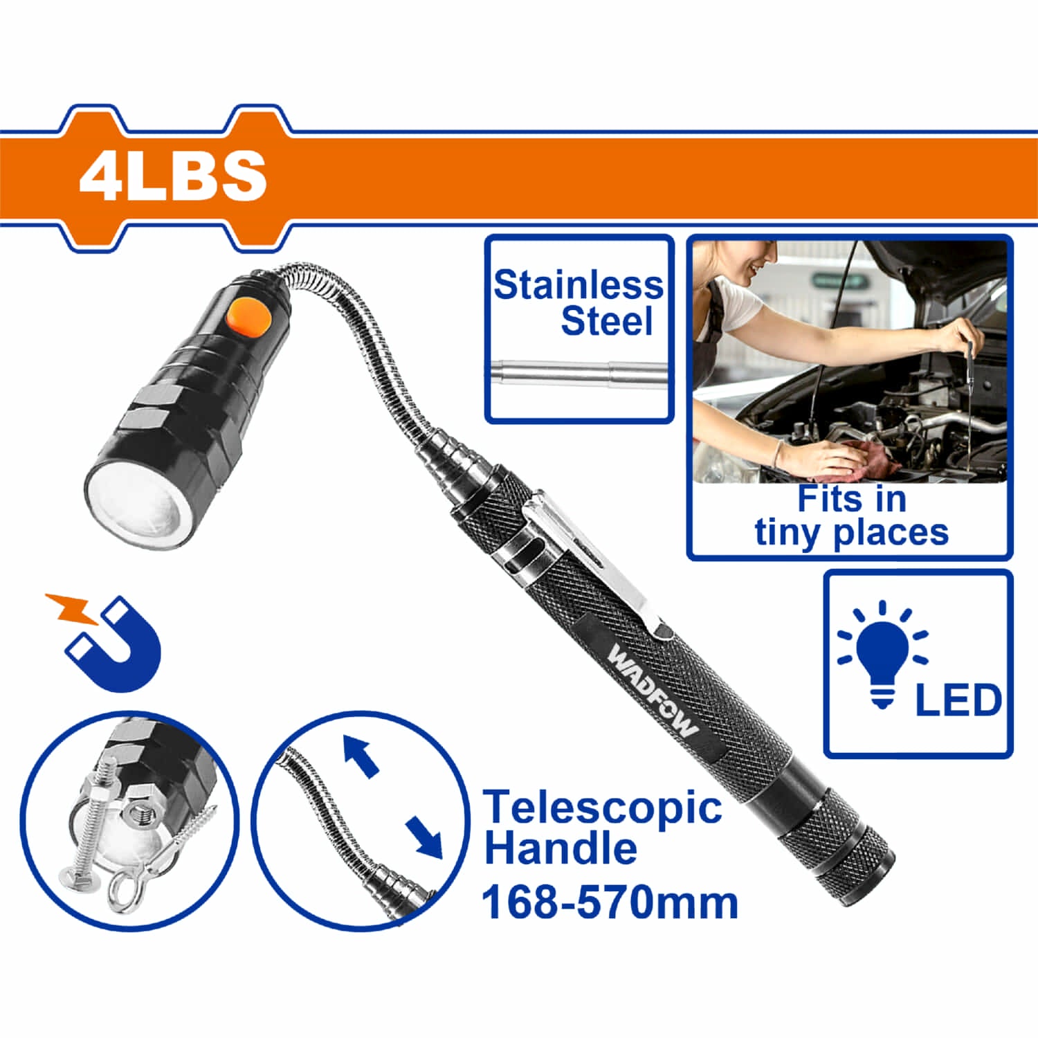 Recogedor Cuello Flexible Magnético con 3 LED ultra brillante. 168-570mm. Cuerpo de Aluminio.