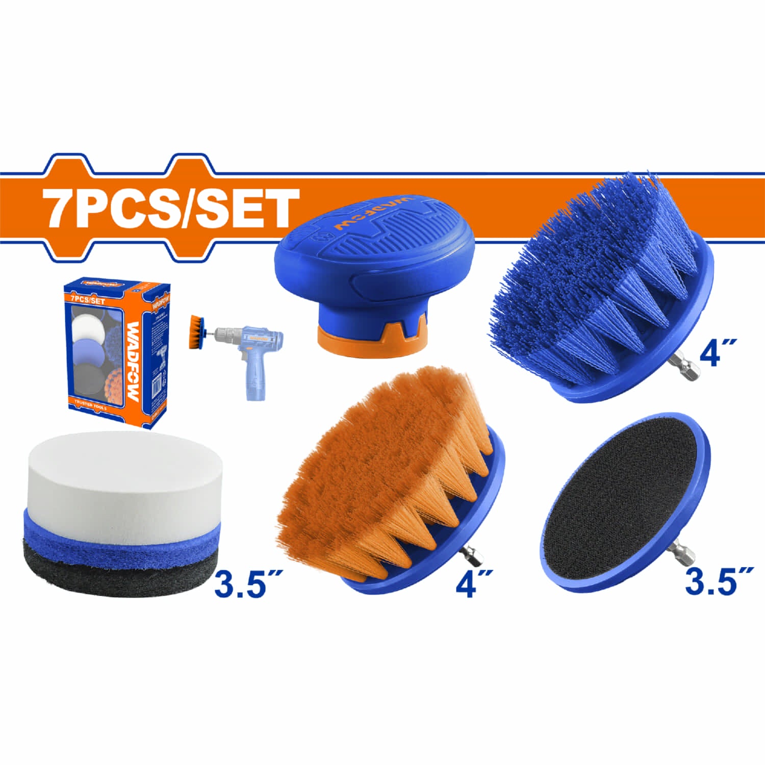 Cepillos para limpieza con accesorios. Incluye: Almohadillas, esponjas y soporte. Set de 7 piezas.