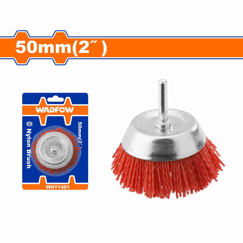 Cepillo de Nylon copa circular para taladro con vástago de 50mm. Long. Cable: 17mm.