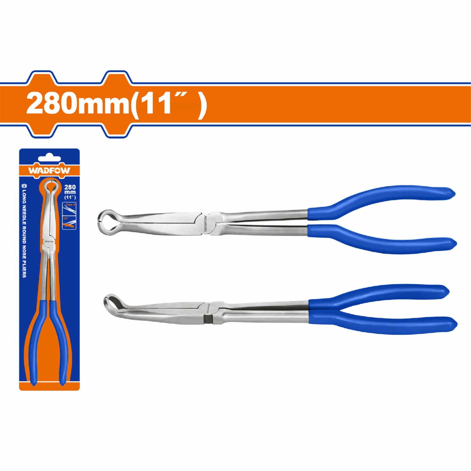 Alicate largo punta de aguja 280mm(11") Pulido y antióxido. 1/2" diámetro. Con mango de plástico.