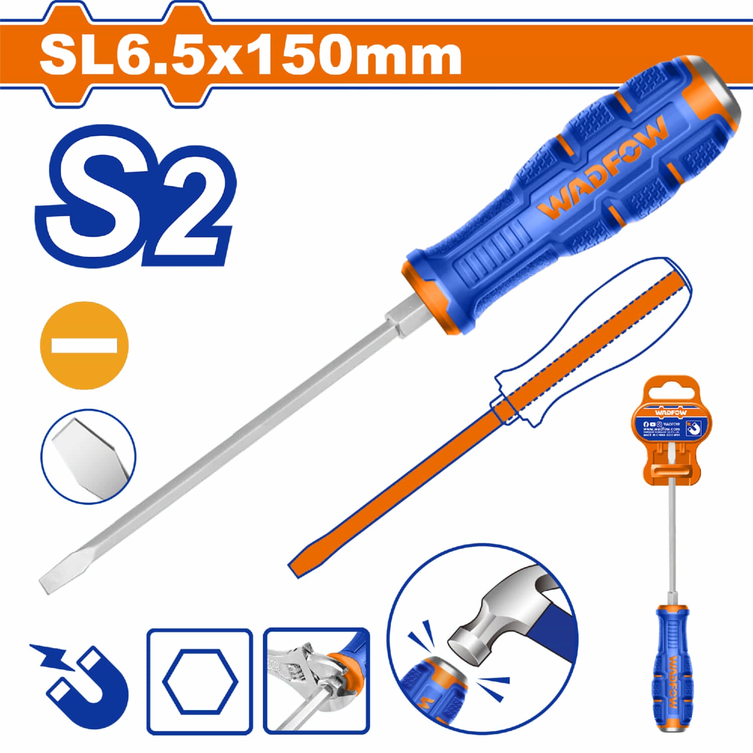 Destornillador Pasante Plano 6x150mm Material de la hoja: S2 Tipo de punta:SL 6.5 Magnético