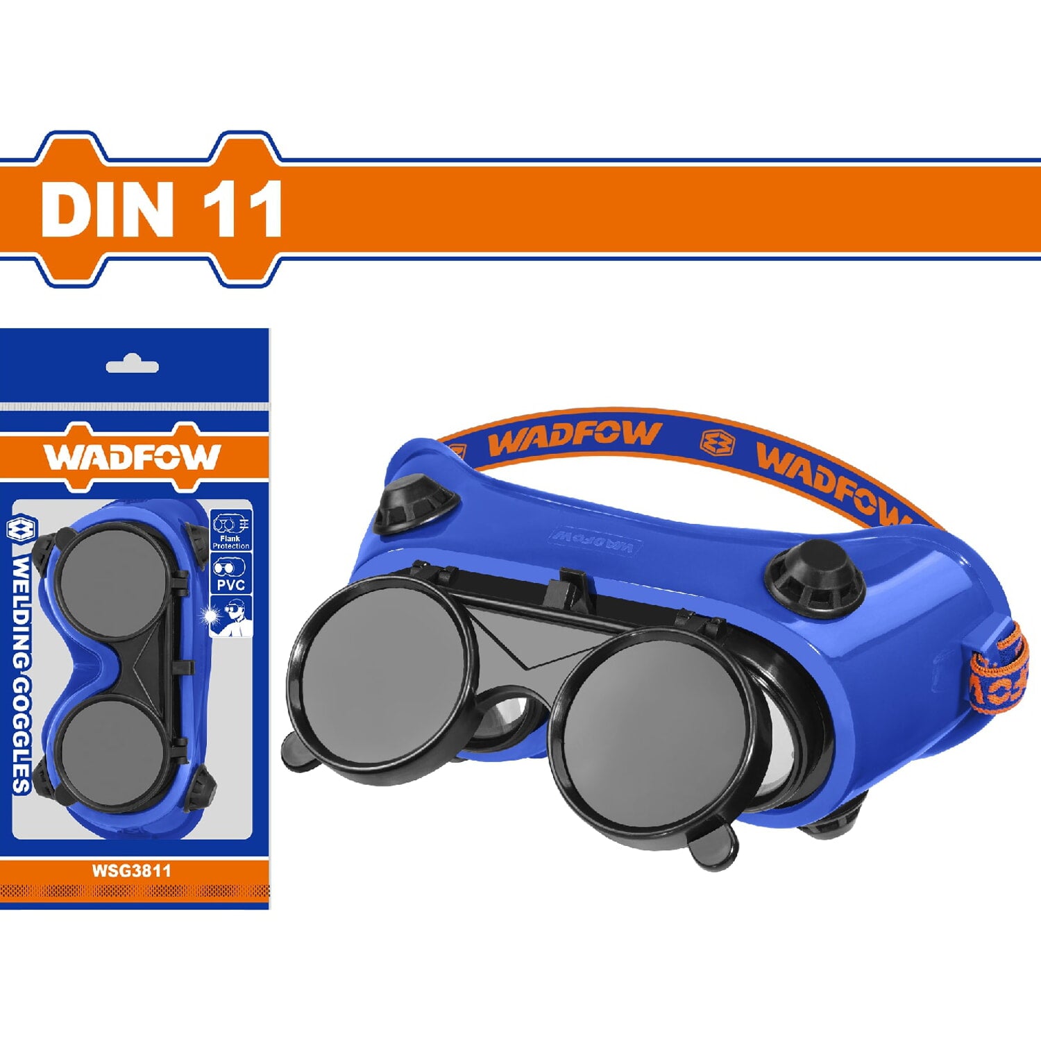 Lentes de soldador para oxicorte. DIN11. Diseño flip con bloqueo cerrado. Cuerpo de PVC flexible.