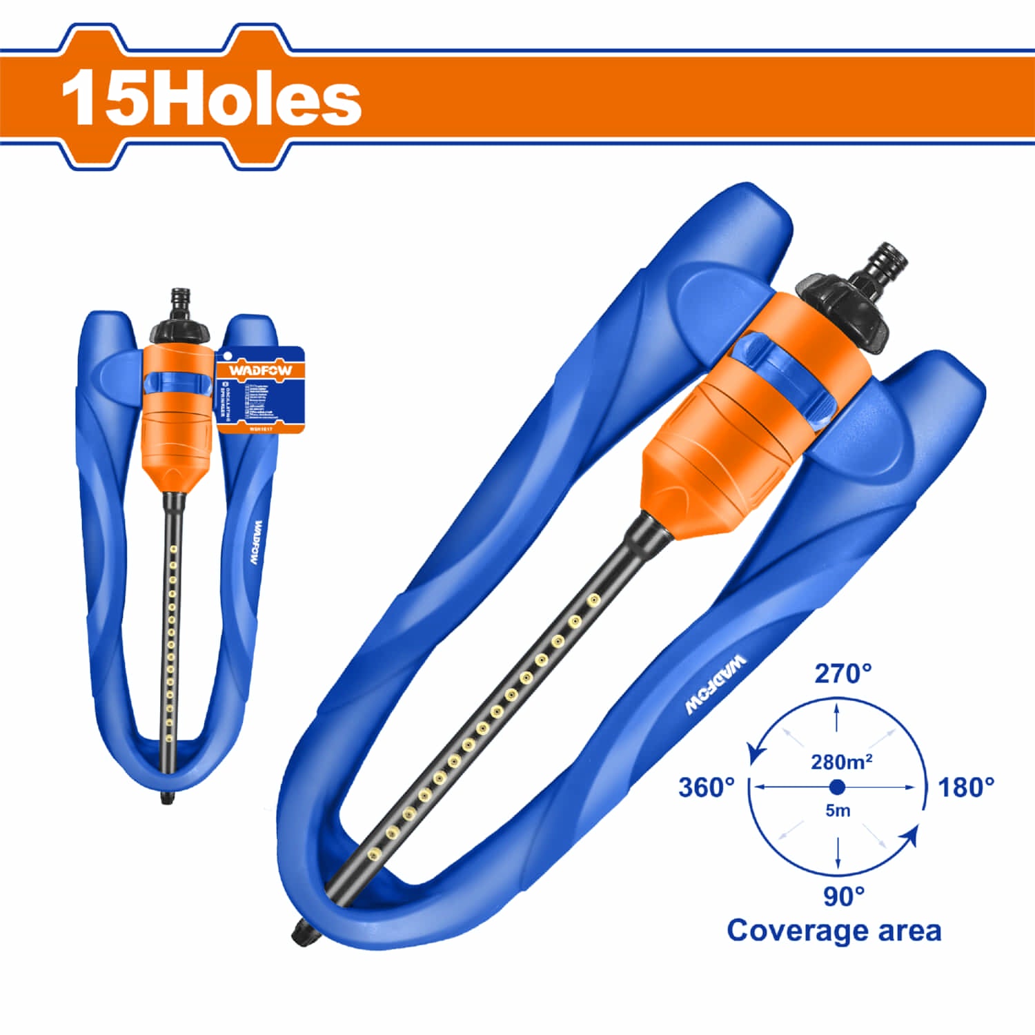 Aspersor oscilante para riego 15 agujeros para chorros. Cubre 2202 pies cuadrados. Mecanismo de engranaje. Regar