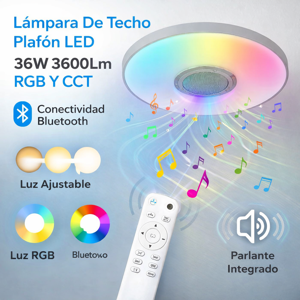 Lámpara de techo Plafón LED 36W 3600lm RGB y CCT, Bluetooth. Ideal para iluminar con luz ajustable y parlante integrado.