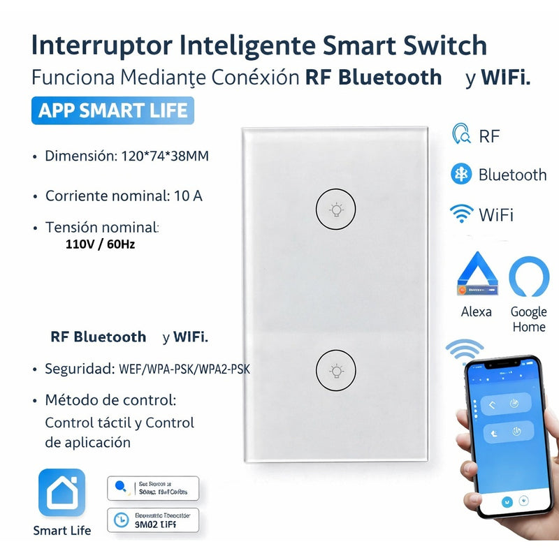 Interruptor inteligente smart switch funciona mediante conexión RF Bluetooth y Wifi. color blanco
