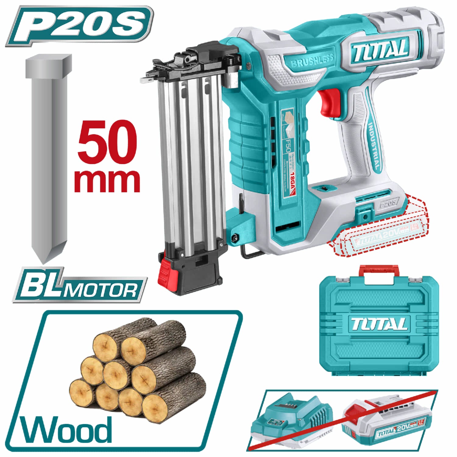 Clavadora de madera Inalámbrica 20V tipo F15~F50 Clavos Brad de 50mm. Capacidad de 105 pzs. No incluye batería ni cargador.