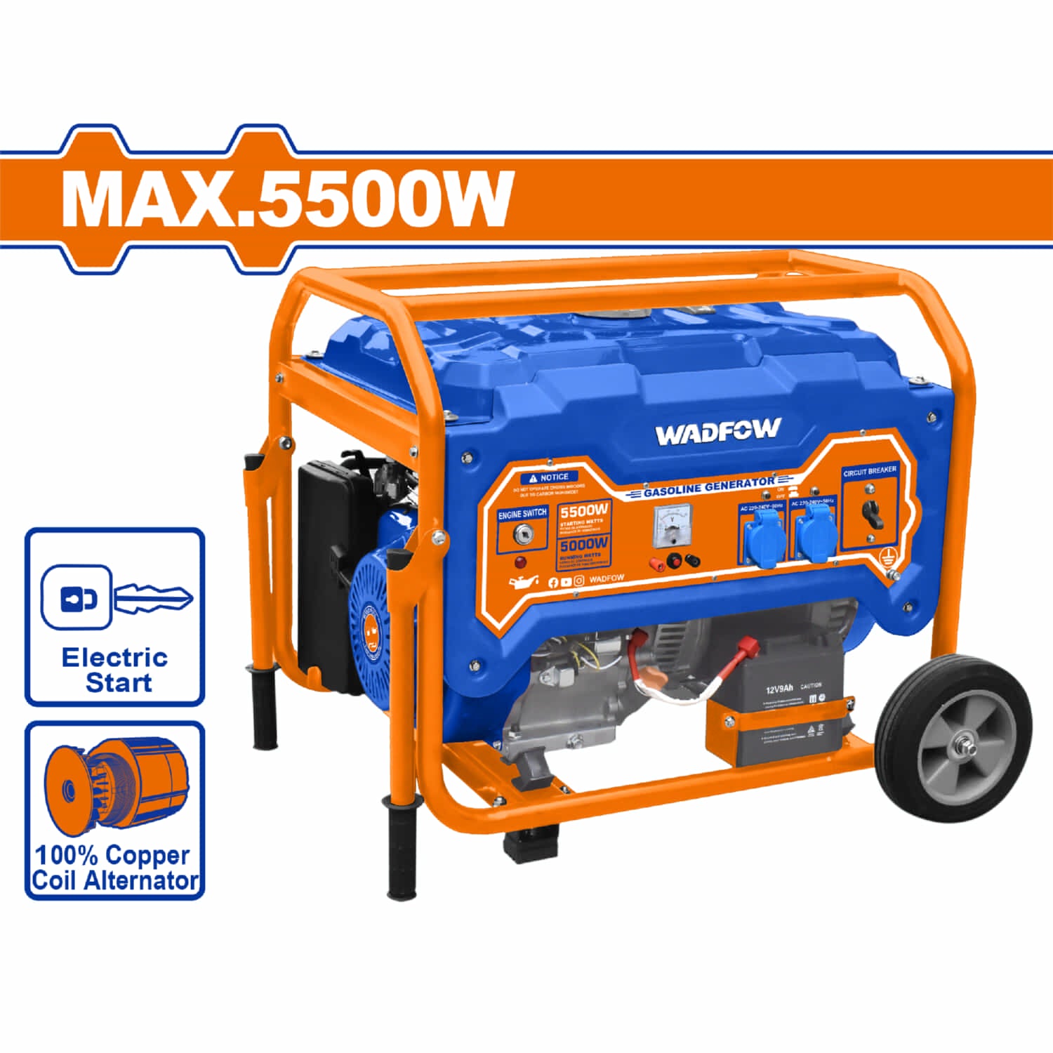 Generador a Gasolina 6500W 110-120V Frec. salida: 60Hz. Veloc. Nominal: 3600rpm. Motor: 4 tiempos. Planta