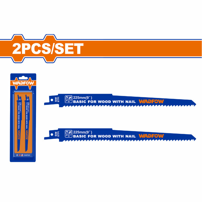 Hojas de sierra sable para madera con clavo. 225mm(9") 6TPI. Set de 2 piezas.