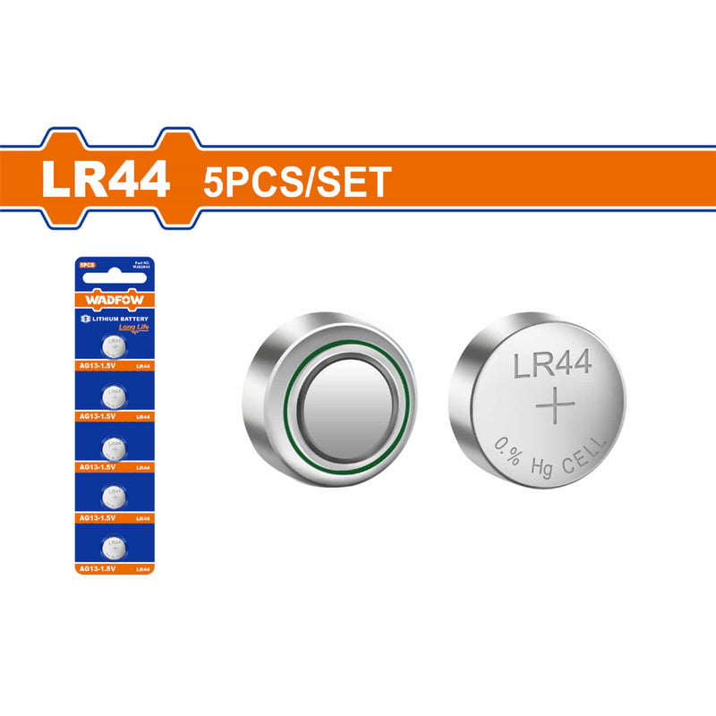 Baterías Alcalinas LR44. Voltaje nominal: 1.5V. Cubierta de PVC. Duración 2 años. 5 piezas.