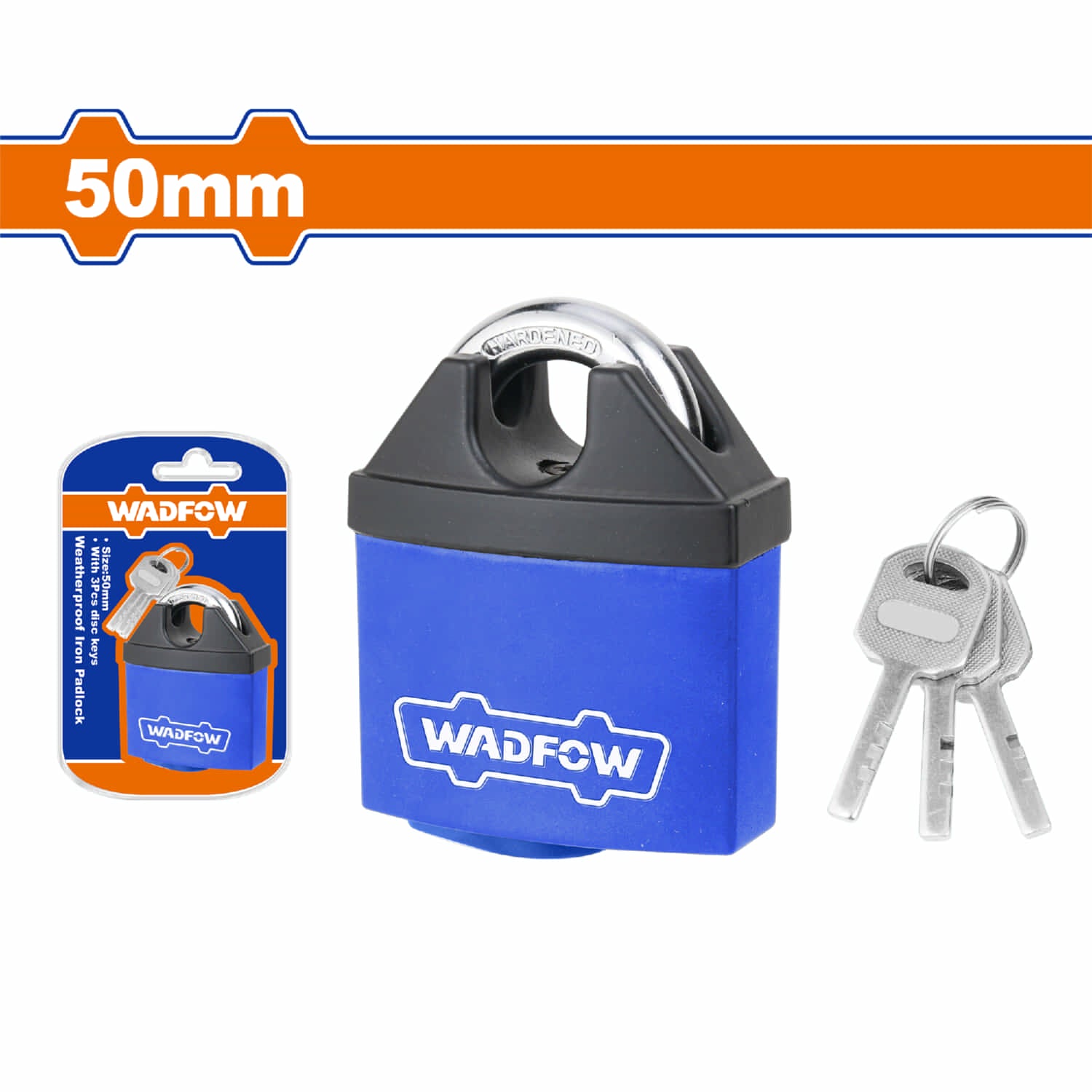 Candado de hierro 50mm resistente a la intemperie. Recubierto con nylon. Incluye 3 llaves.