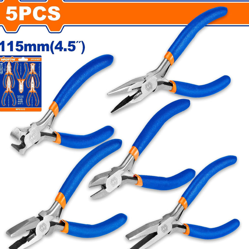 Mini Alicates 4.5"(combinados, diagonal, larga,final,plana) Set de 5. Mango de plástico.