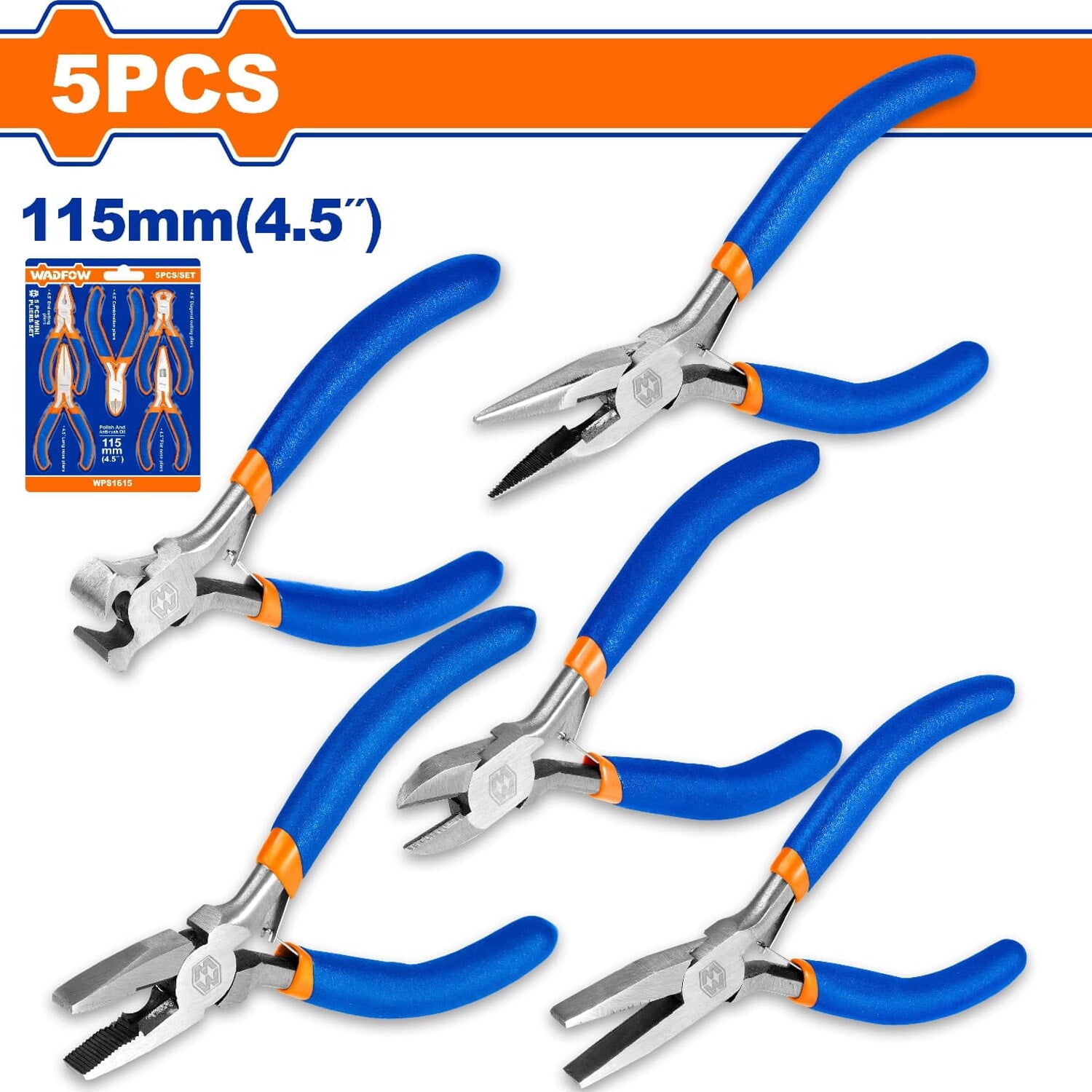 Mini Alicates 4.5"(combinados, diagonal, larga,final,plana) Set de 5. Mango de plástico.