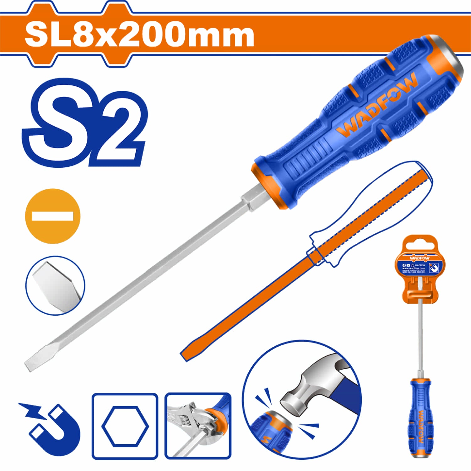 Destornillador Pasante Plano 8x200mm Material de la hoja: S2 Tipo de punta: Ranurada SL8 Magnético.