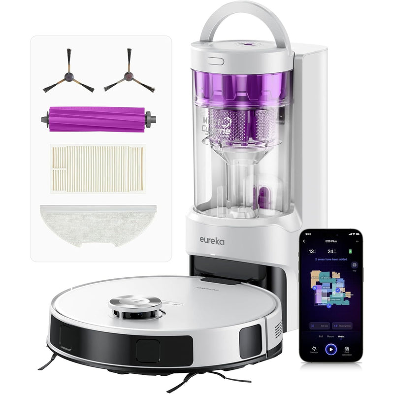 Robot Aspirador Eureka E20 Plus Blanca  8000Pa con Estación Automática sin Bolsa, Trapeador y Mapeo 3D