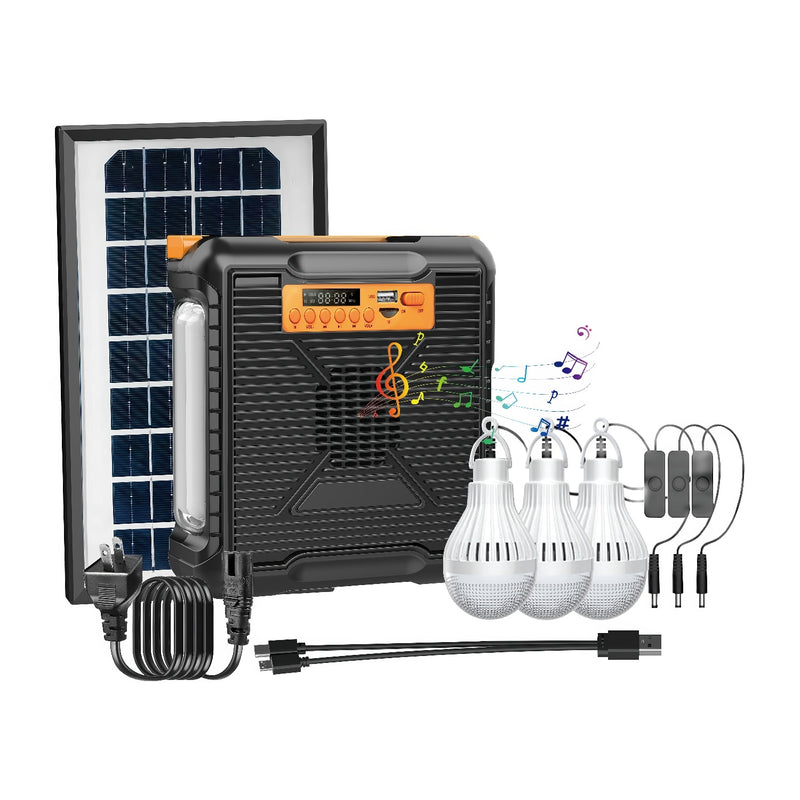 Estación de Energía Solar Portátil Multifuncional. Luz de Alta Potencia para Exteriores e Iluminación Interior. Sistema con panel solar. Power bank bateria respaldo incluye bocina.