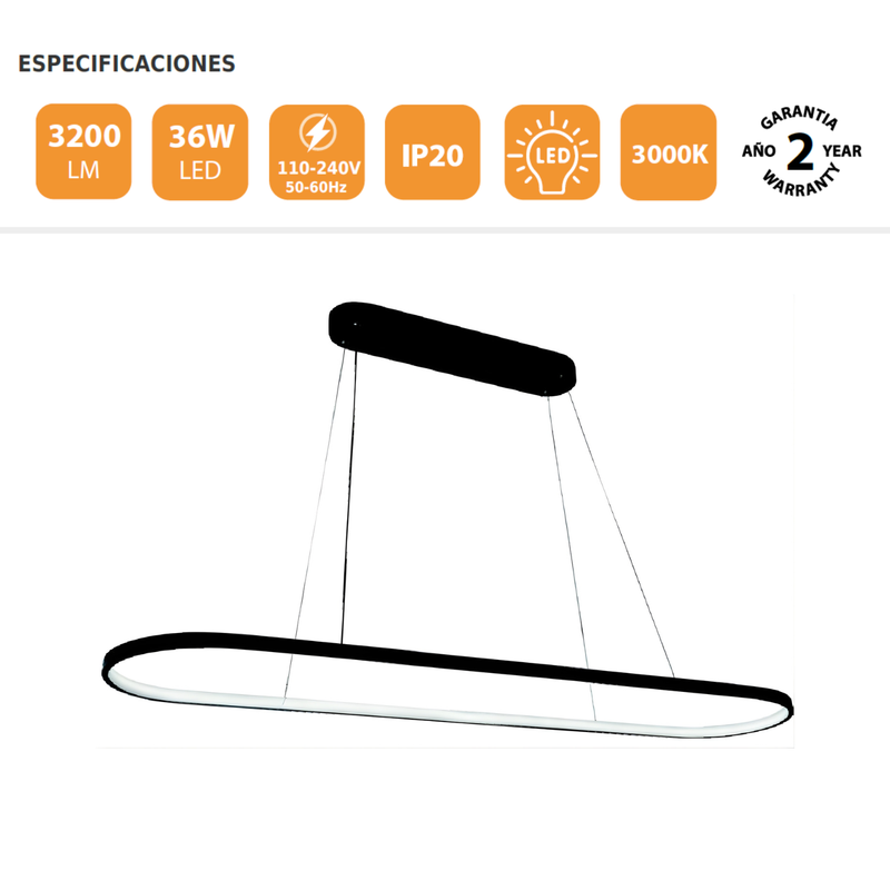 Lámpara Colgante LED 36W 3200LM 3000K con Diseño Moderno Minimalista Ideal Comedor y Sala.90 cm Color Negro