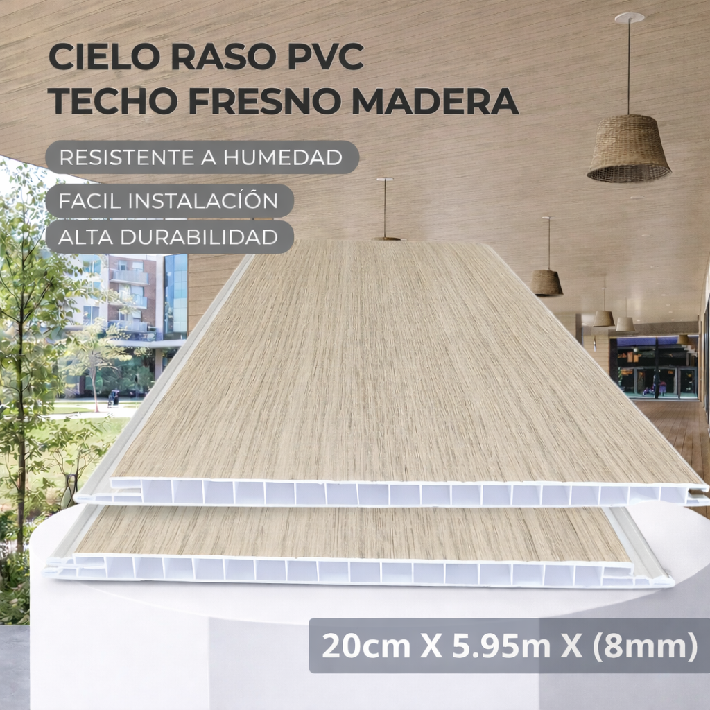 Cielo Raso PVC techo Fresno madera panel 20cm x 8mm x 5.95m Resistente a Humedad Fácil Instalación Alta Durabilidad