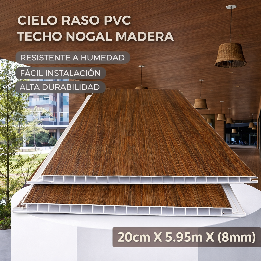 Cielo Raso PVC techo Nogal madera panel 20cm x 8mm x 5.95m Resistente a Humedad Fácil Instalación Alta Durabilidad