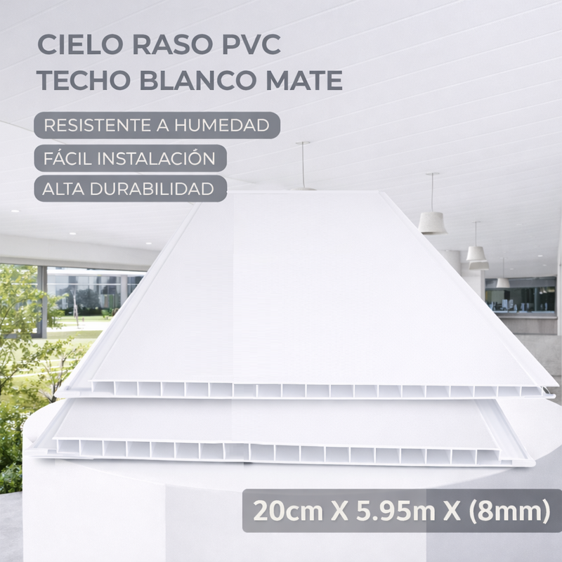 Cielo Raso PVC Techo Blanco Mate Panel 20Cm X 8Mm X 5.95M Resistente A