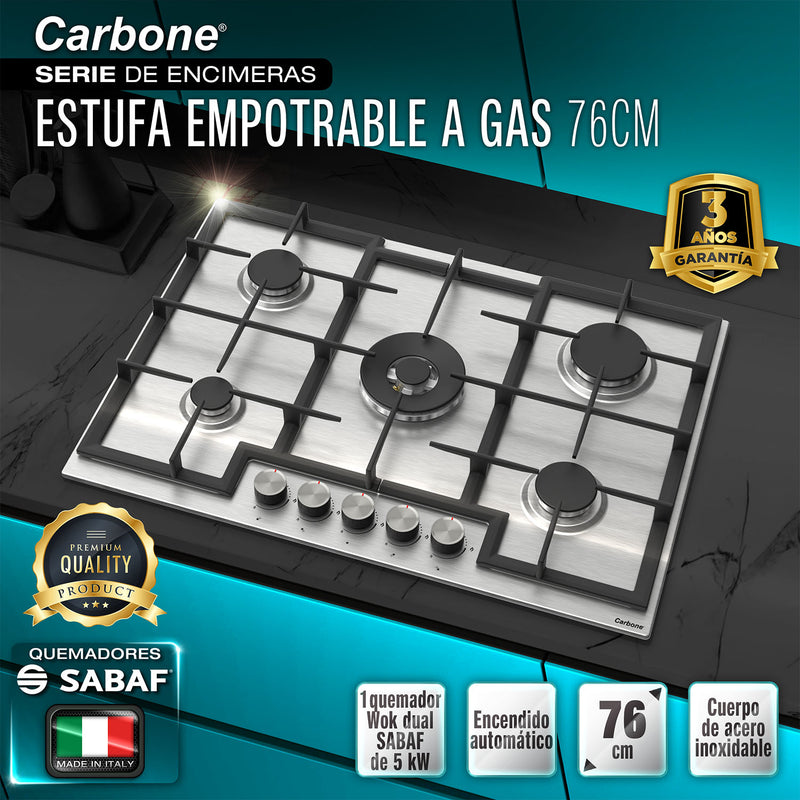 Estufa Empotrable 75 cm BL 5 Quemadores SABAF + Wok 5kW, Acero Inoxidable, 110V