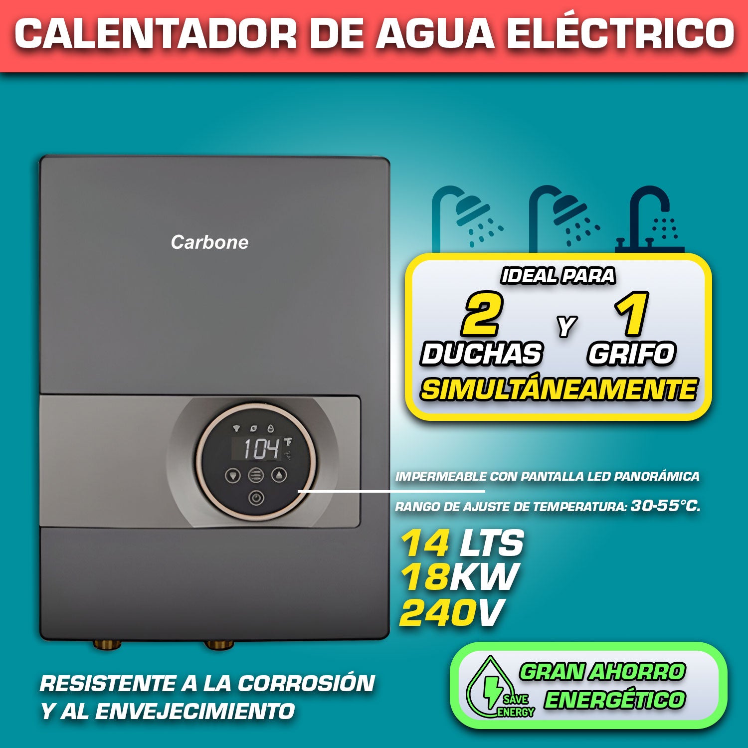 Calentador de agua eléctrico 14 Litros de 18Kw 240V (2 duchas y 1 lavamanos simultáneamente)