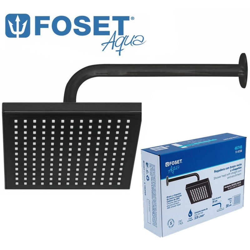 DUCHA REGADERA COMPLETA "FOSET" (7) METAL DE LUJO 8" NEGRO