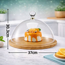 Plato Redondo de Bambú con Tapa Transparente. Ideal para dulces Postres, Pan y Snacks, Uso Doméstico y Comercial. Bandeja De Madera. Panera. 14.5” (37cm) YS-4012M