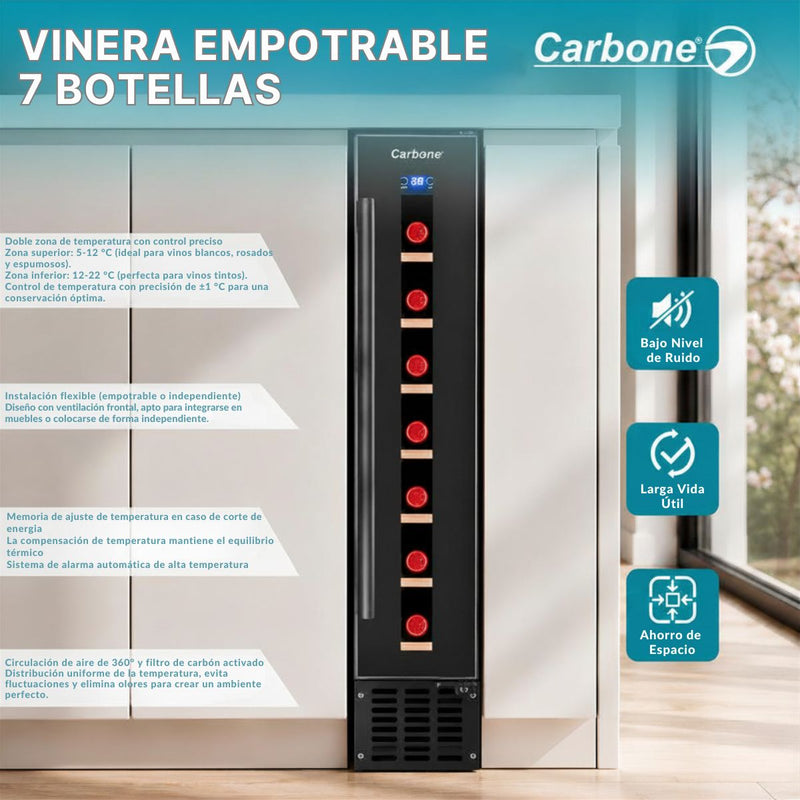Vinera Empotrable 7 Botellas con Estantes de Madera. Enfriador de Vino con Doble Zona de Temperatura Panel Touch 5-22°C. Color Negro