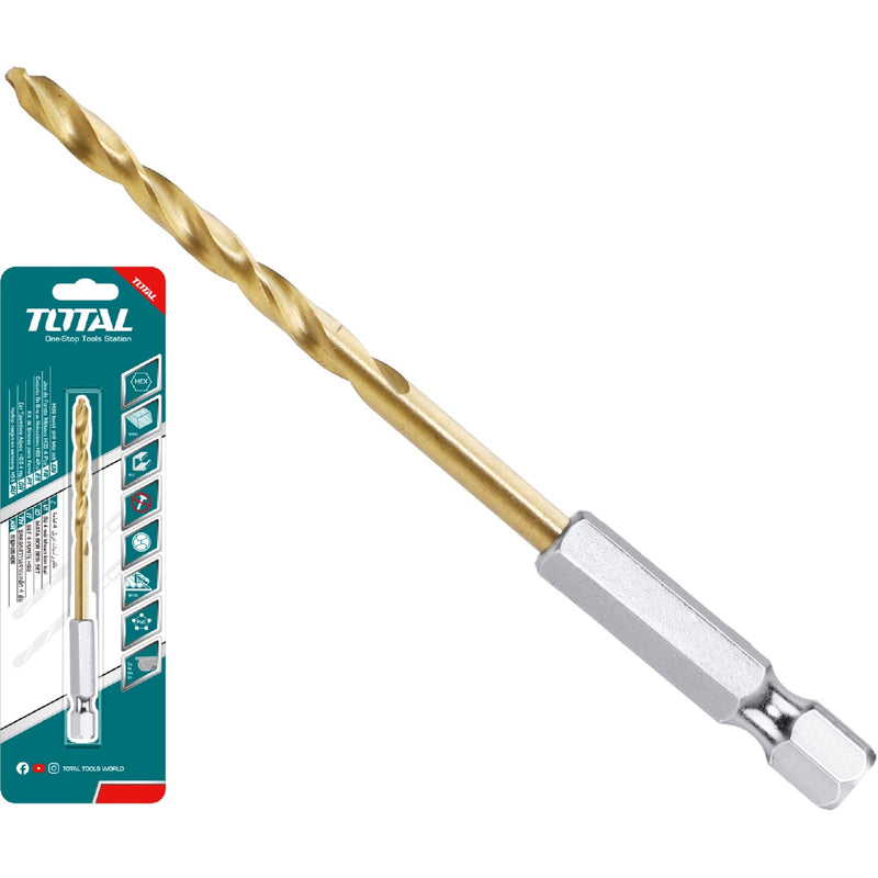 Brocas Helicoidales HSS para Metal. Vástago Hexagonal 1/4" Acabado de Titanio.