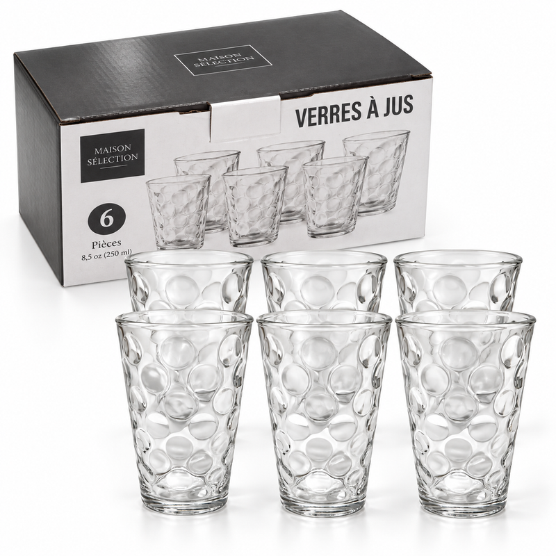 Vasos de Vidrio Transparentes para Jugo de 7 Oz ( 207ml)  con Diseño en Relieve (Set de 6)