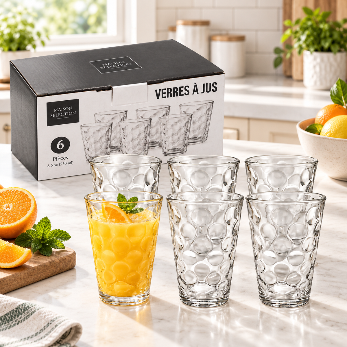 Vasos de Vidrio Transparentes para Jugo de 7 Oz ( 207ml)  con Diseño en Relieve (Set de 6)