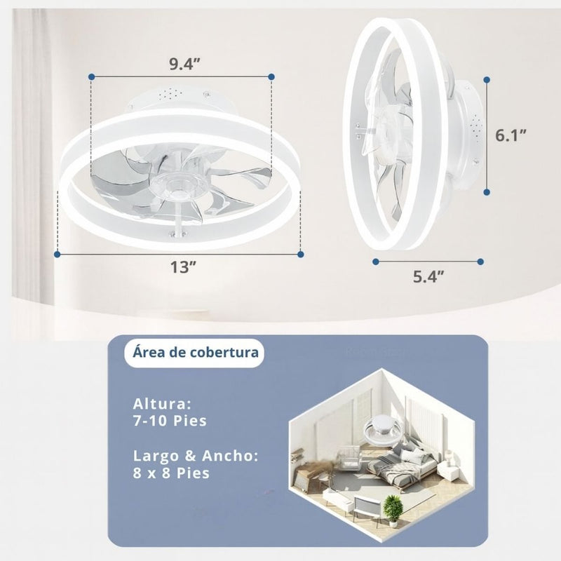 Abanico De Techo 13" Con Luz Led Dimeable. Ventilador A Control Remoto y Control Por Voz Offline. Color Blanco.