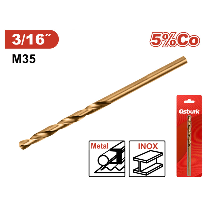 Broca HSS Acero Alta Velocidad. 3/16" Ideal para Metal. Punta 135° Cobalto 5%