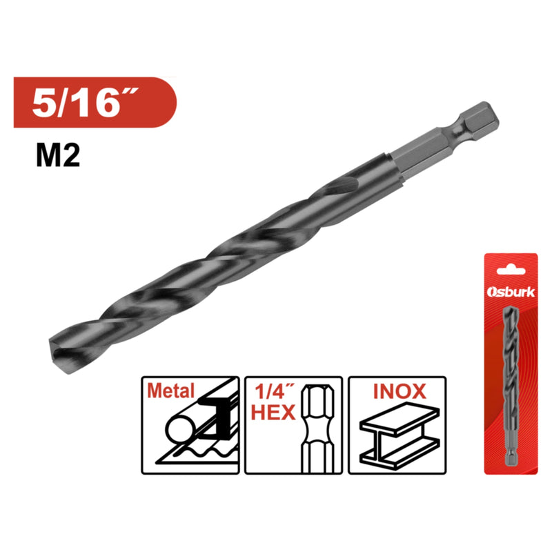 Broca Helicoidal HSS M2 5/16" Vástago Hexagonal. Punta 135° Oxido Negro.