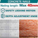 Clavadora de Concreto Inalámbrica 20V Motor sin escobillas Clavos 19 - 40 mm. Incluye accesorios, batería y cargador.