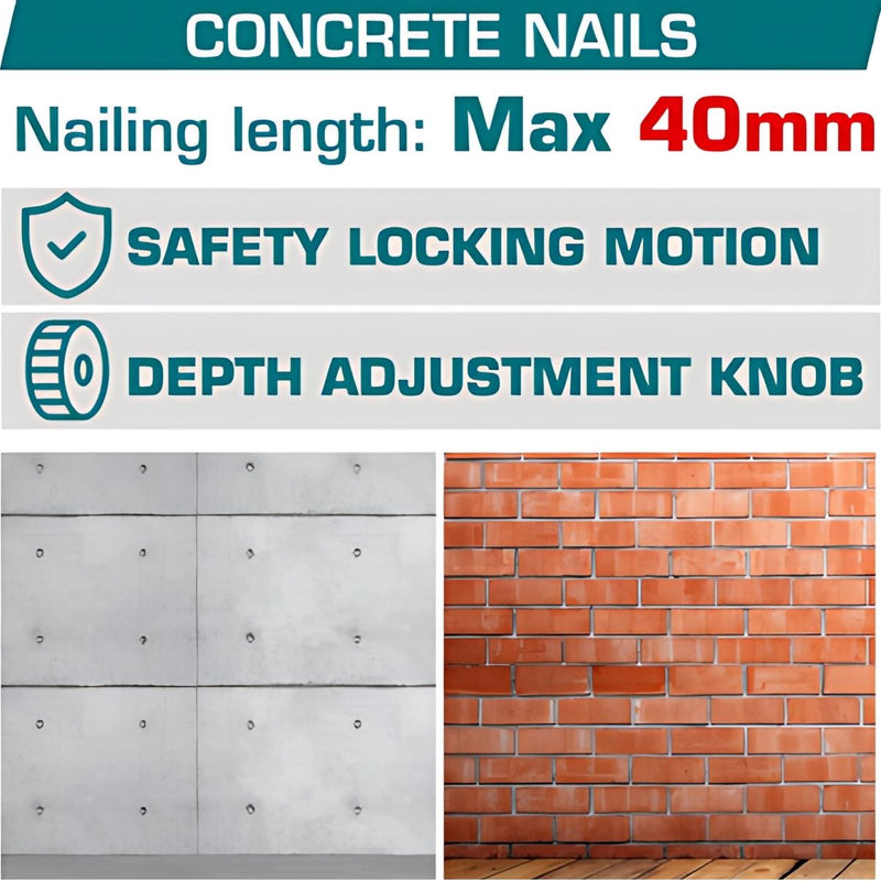 Clavadora de Concreto Inalámbrica 20V Motor sin escobillas Clavos 19 - 40 mm. Incluye accesorios, batería y cargador.