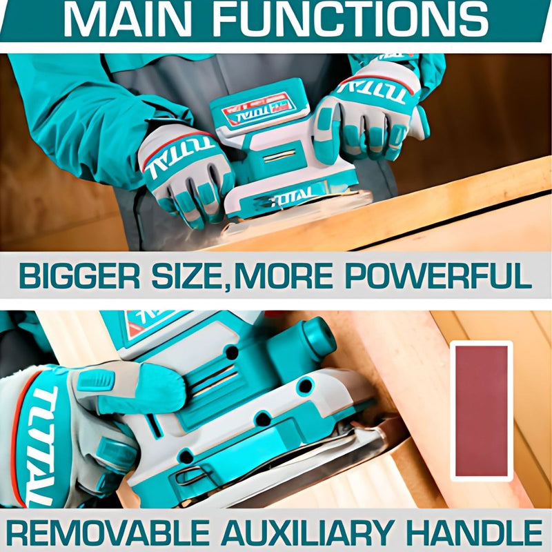 Lijadora Orbital Rectangular 90x180mm. Litio 20V con Base de Aluminio. Incluye Batería, Cargador y Hojas de Lija.