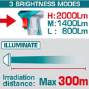 Lámpara De Trabajo Inalámbrica 20V. 2000 Lumens. Cabeza giratoria de 130°. Incluye batería y cargador. Linterna.