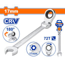 Llave Combinada con Ratchet Flexible 17mm Giro 180º 72 dientes. Cromada. Tratamiento Térmico.