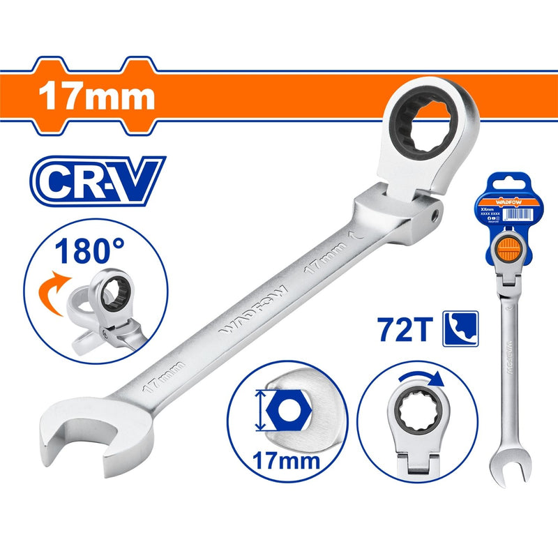 Llave Combinada con Ratchet Flexible 17mm Giro 180º 72 dientes. Cromada. Tratamiento Térmico.