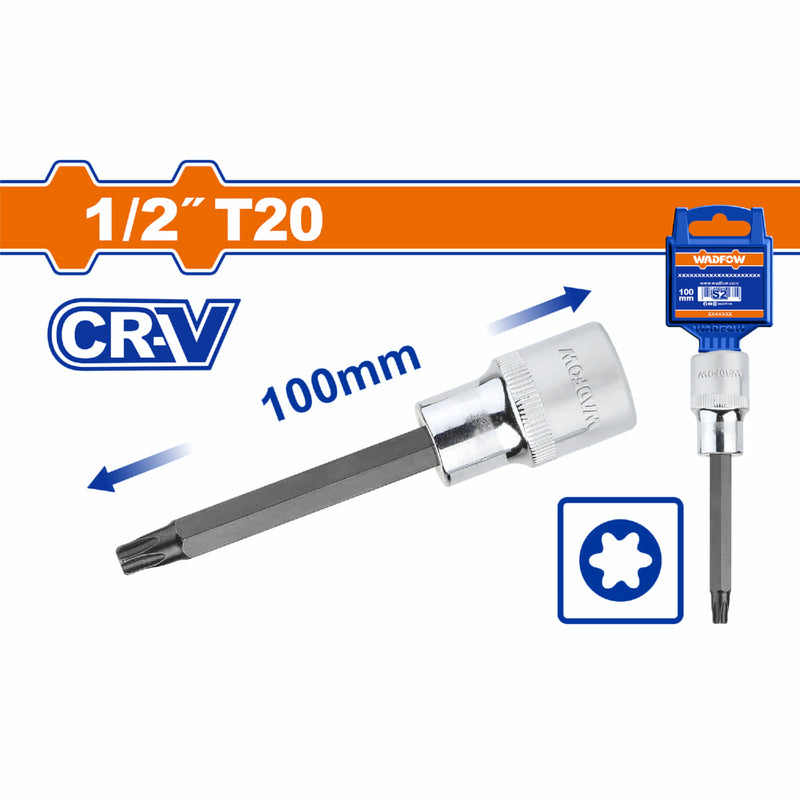 Dado Largo de Punta Torx 1/2". Tamaño de punta:T20. Long:100mm. Cr-V. Térmico. Cromado.